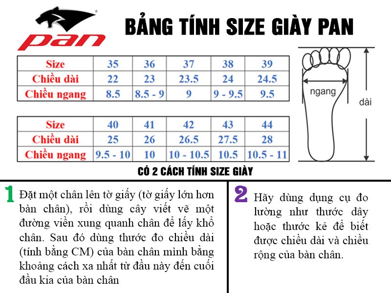 Bảng size giày pan
