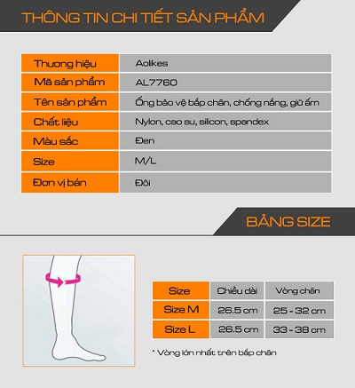 Thông số kỹ thuật ống bảo vệ bắp chân, chống nắng, giữ ấm Aolikes AL7760