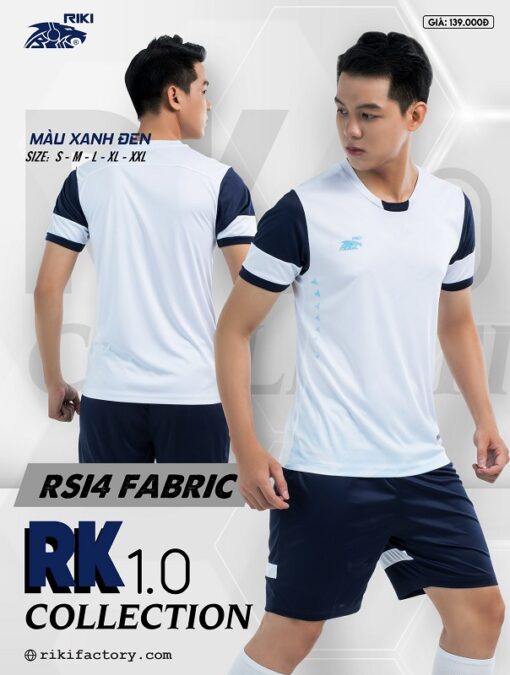 Quần áo bóng đá không logo Riki RK 1.0 màu trắng xanh đen