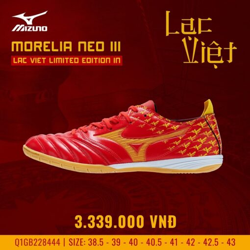 Giày bóng đá Mizuno Morelia Neo III Lạc Việt Limited Edition IN sân futsal màu đỏ
