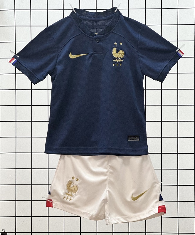 Quần áo trẻ em Pháp màu xanh sân nhà World Cup 2022 F1 kiểu 1