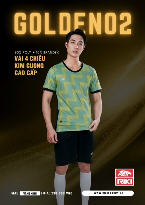 Quần áo đá banh không logo Riki Golden 2 màu vàng khói