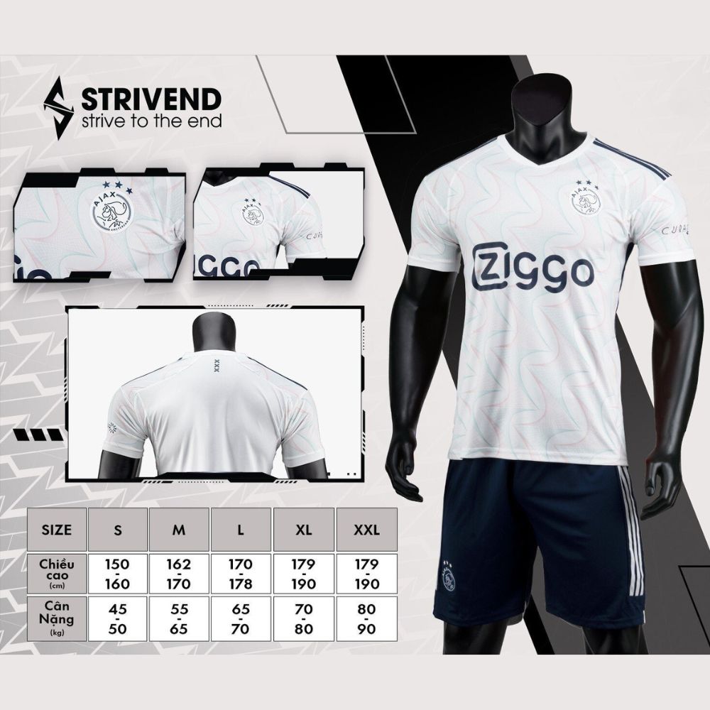 Quần áo bóng đá Ajax 2024 Strivend cao cấp màu trắng