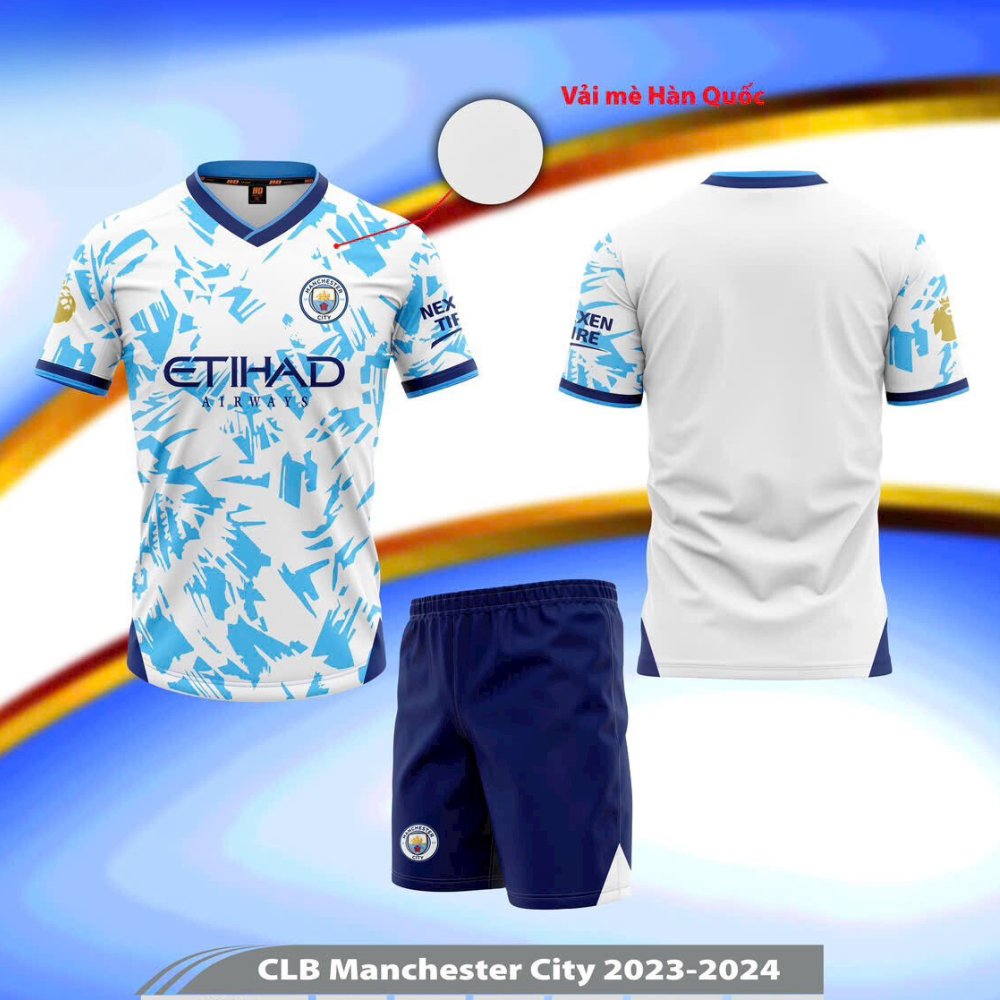 Tổng hợp quần áo bóng đá Man City 2024 vải mè Hàn Quốc HD trắng loang