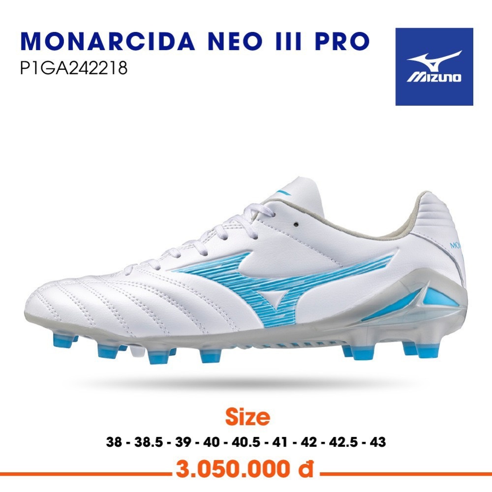 Giày bóng đá Mizuno Monarcida Neo III Pro sân cỏ tự nhiên trắng xanh