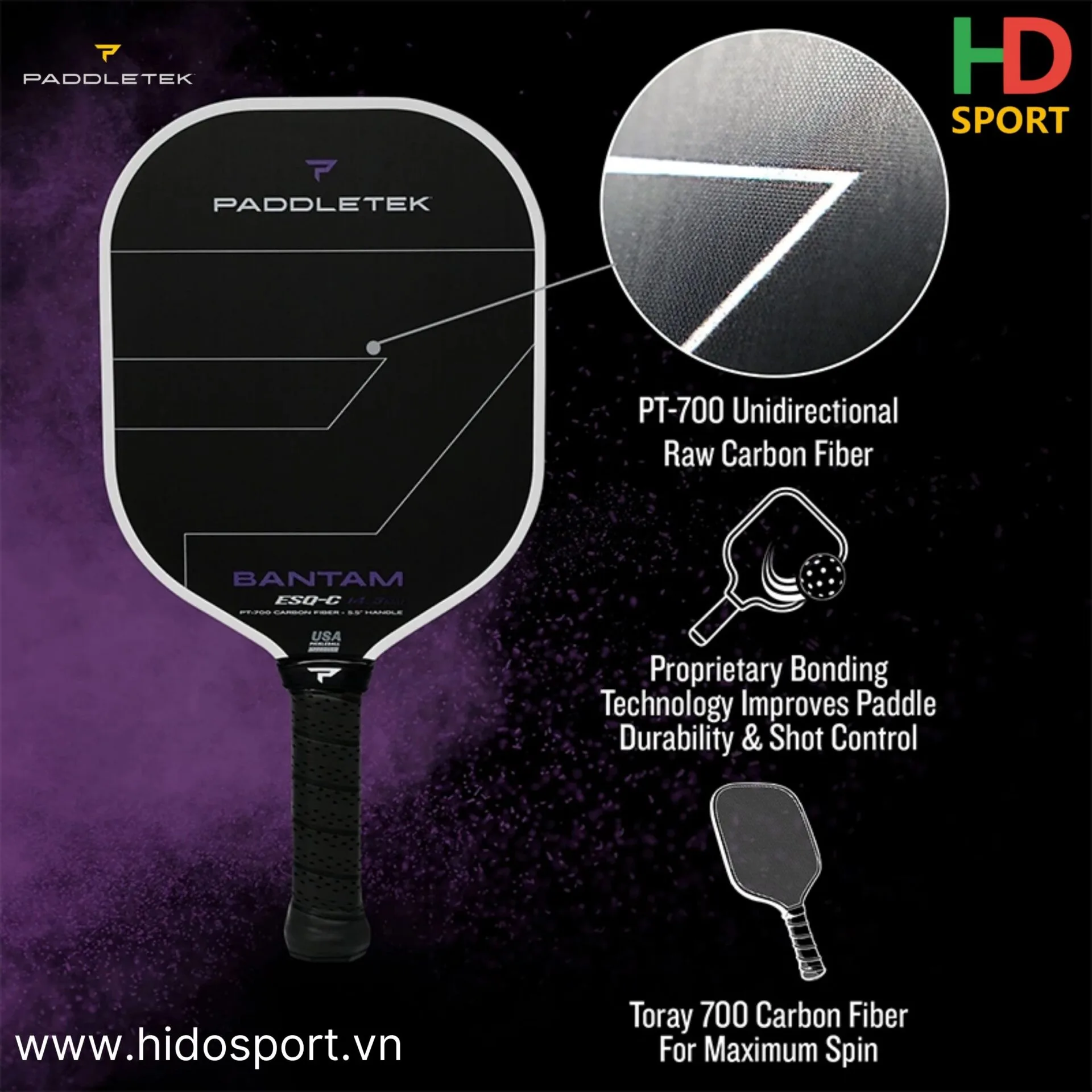 Công Nghệ Sản Xuất Trên Vợt Pickleball Paddletek Bantam ESQ-C 2 phiên bản 12.7mm và 14.3mm 3 Màu 01