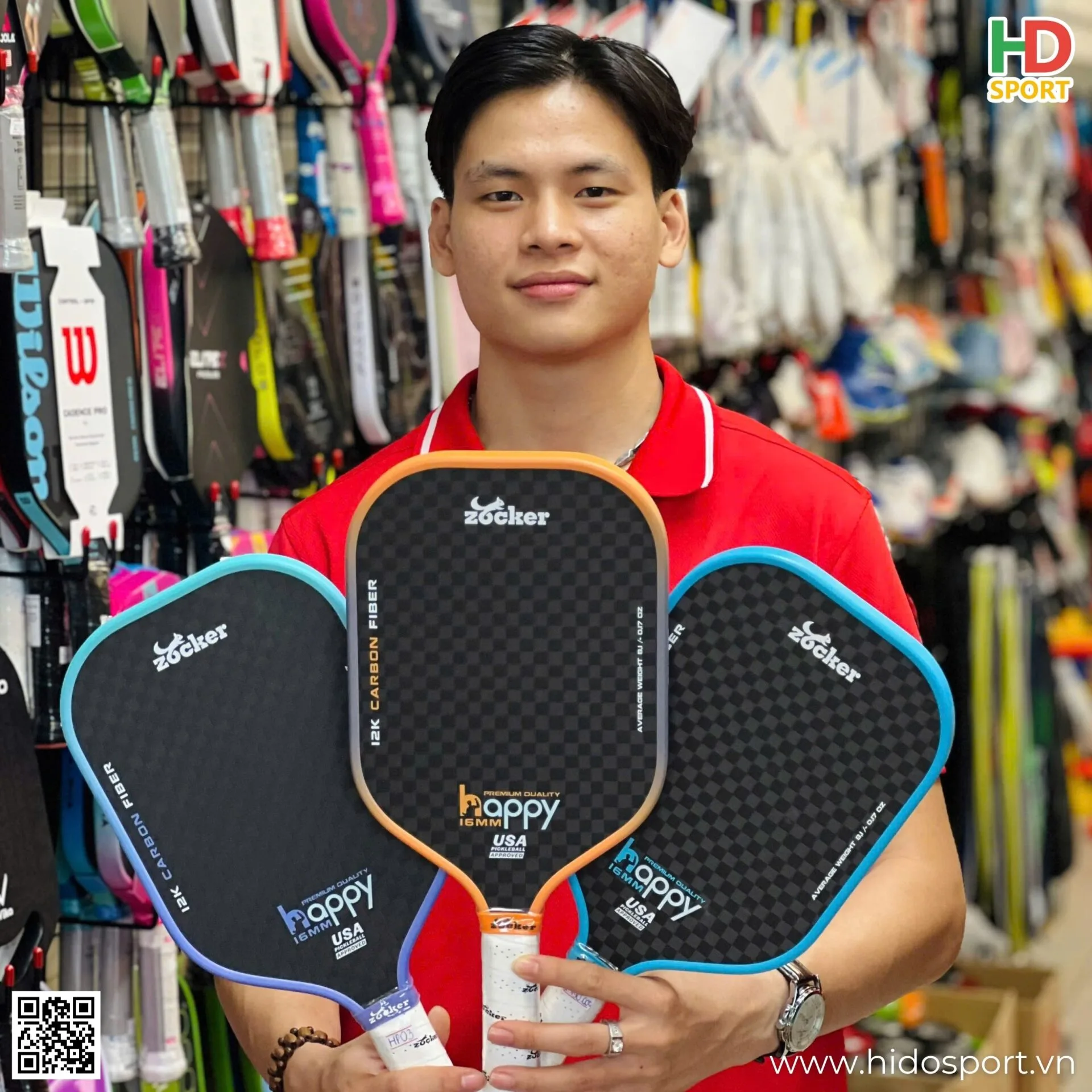 Bst 5 Mau Vot Pickleball Chinh Hang Zocker Happy Hp3 Premium Quality 16mm Hinh Anh Thuc Te Tai Hido Sport