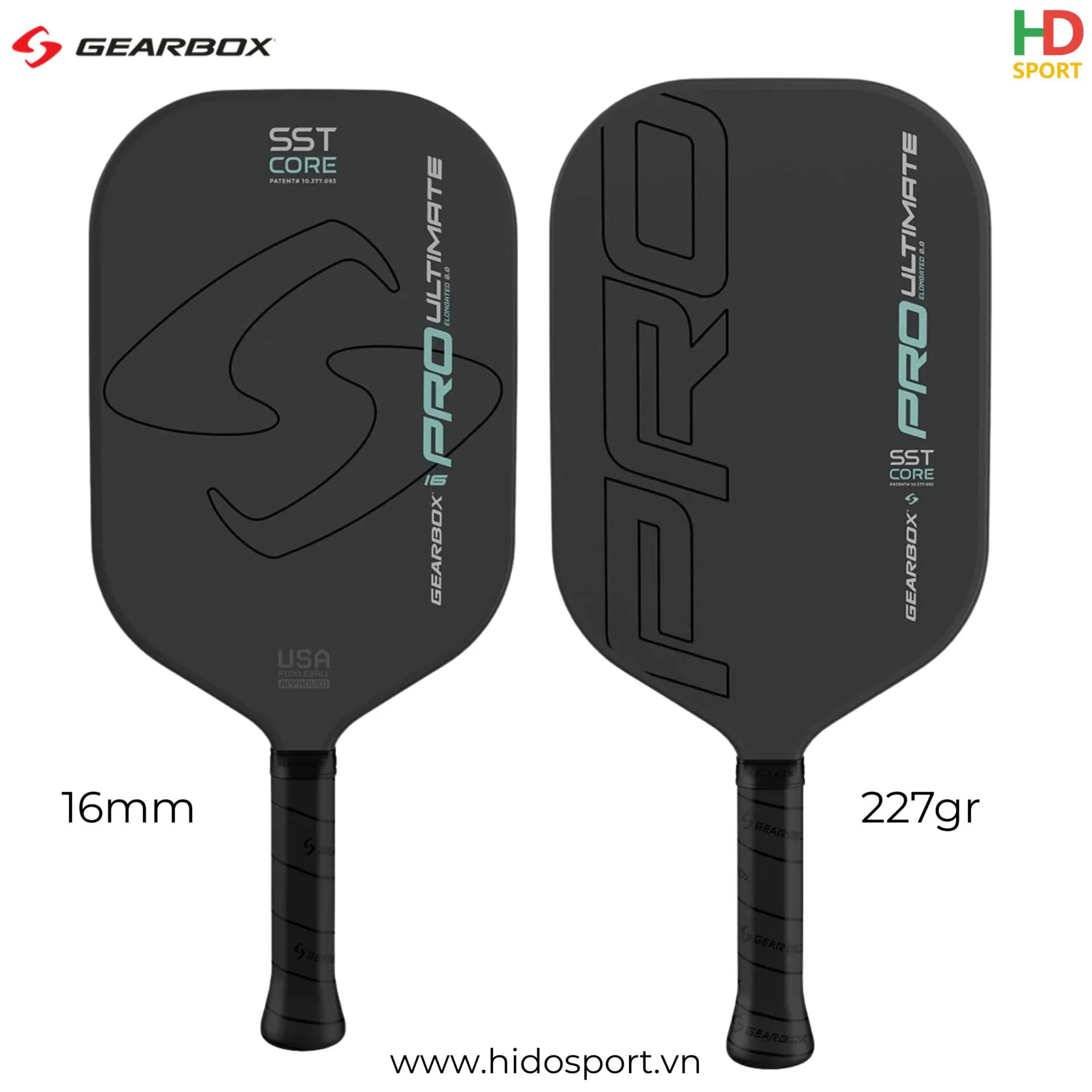 Vot Pickleball Chinh Hang Gearbox Pro Ultimate Elongated 16mm 227gr Chinh Hang Tai Hido Sport