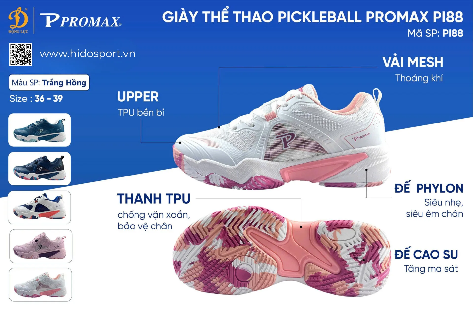 (TITLE)% Giay Pickleball Promax Pi88 Chinh Hang Trang Hong 01