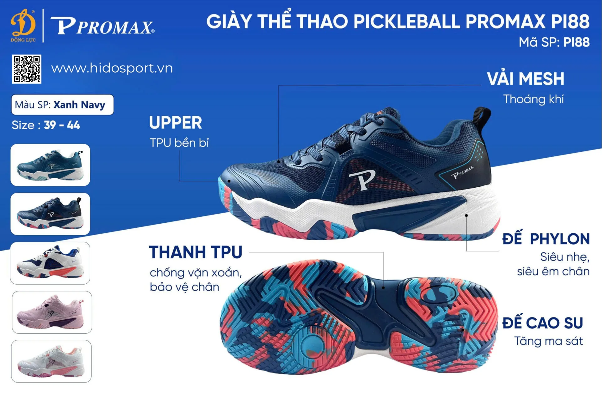 (TITLE)% Giay Pickleball Promax Pi88 Chinh Hang Xanh Navy 01