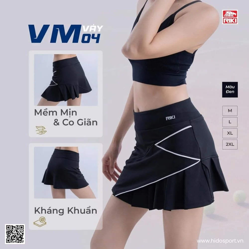 (TITLE)% Set Váy Áo Pickleball Cầu Lông Nam Nữ Riki AM04 Xanh Đen Chính Hãng 2025 - Váy Đen