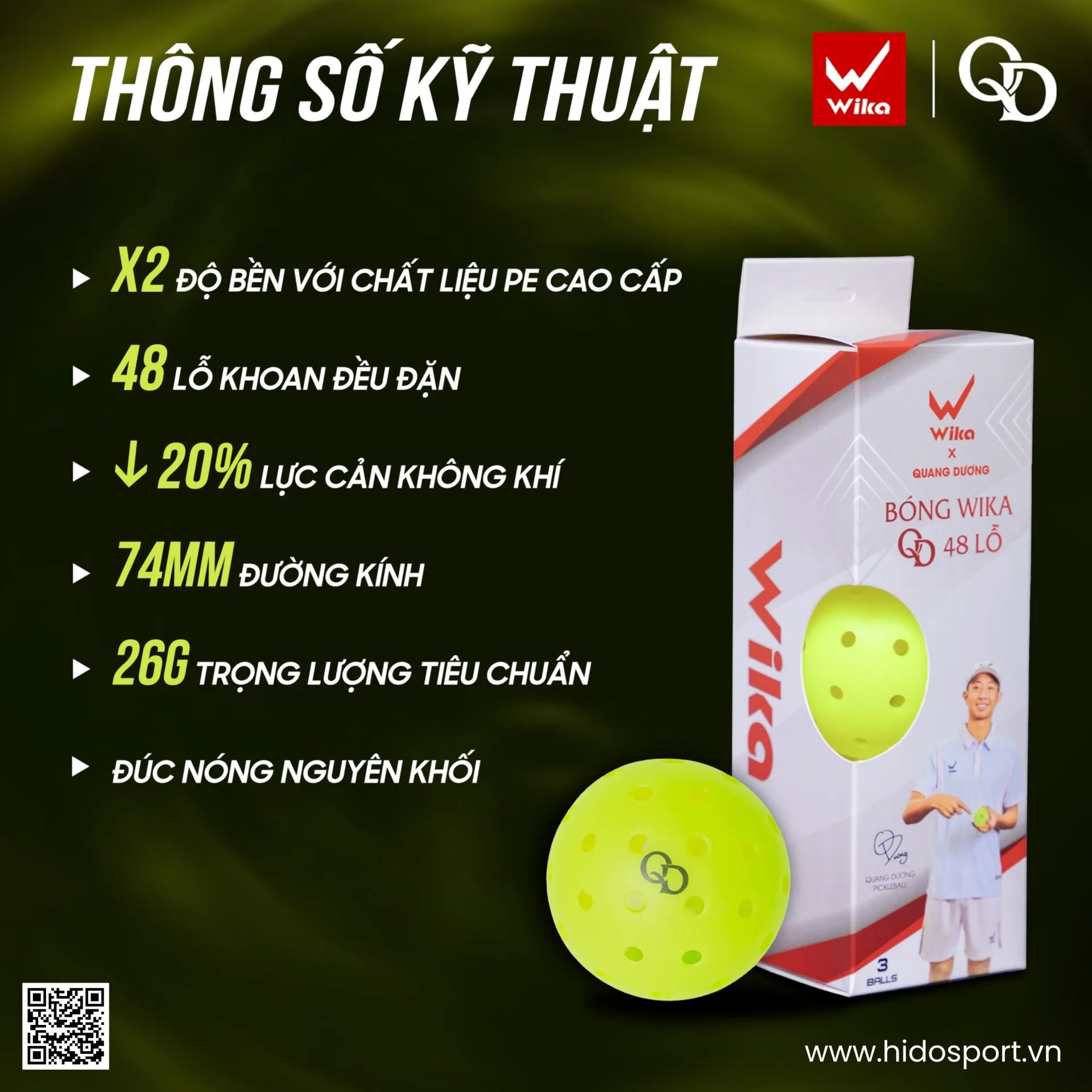 Bóng Pickleball Wika Quang Dương 48 Lỗ Chính Hãng 2026 | Hộp 3 quả - 2
