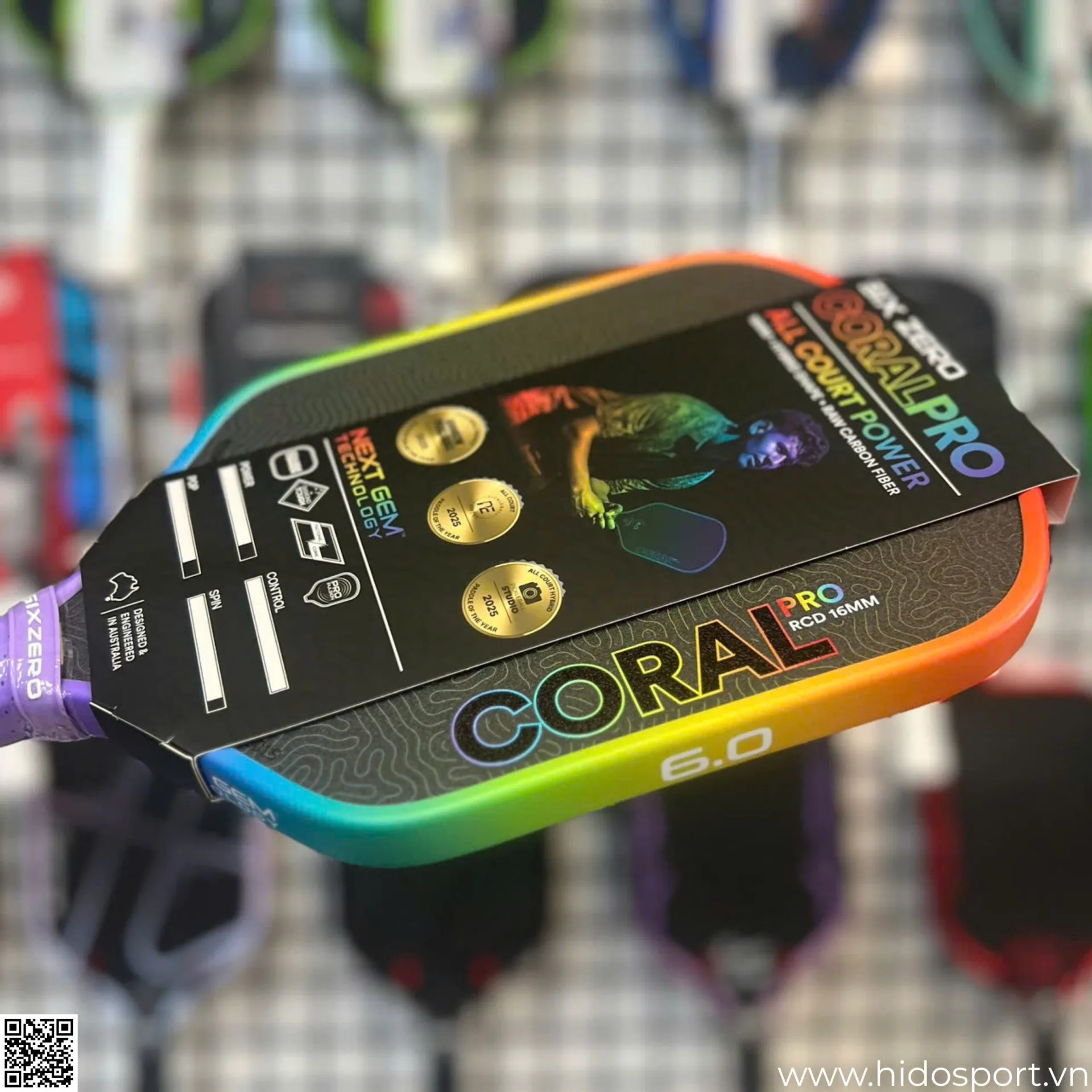 (TITLE)% Vot Pickleball Six Zero Coral Rainbow Pro Edition 16mm Goc Nghieng Kem Tem
