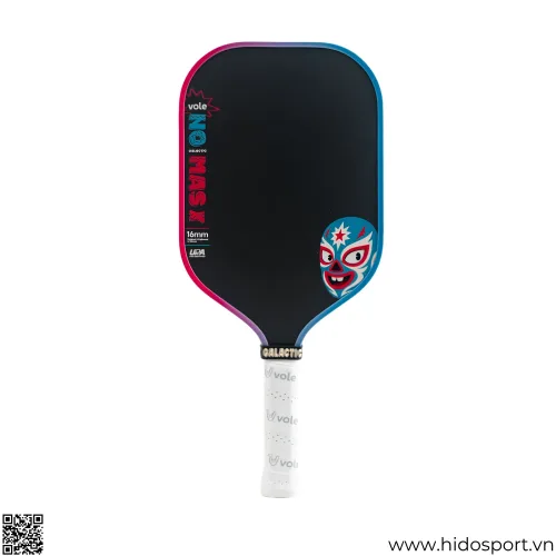 Vợt Pickleball Vole No Mas X Galactic màu đen với viền xanh hồng và cán trắng.